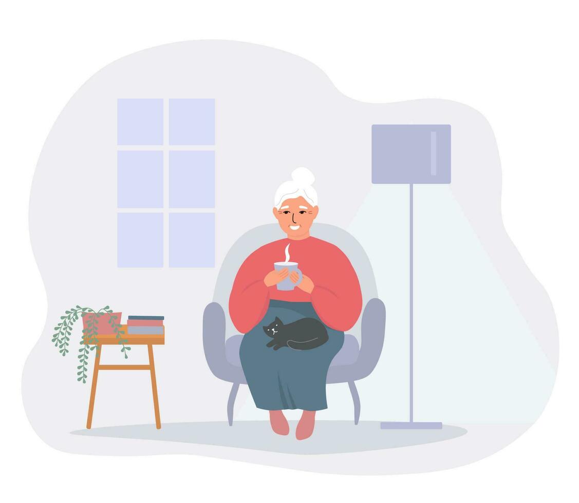 a idosos velho senhora é sentado às casa dentro uma cadeira com uma gato em dela colo. Avó bebidas uma quente bebida. vetor plano gráficos.