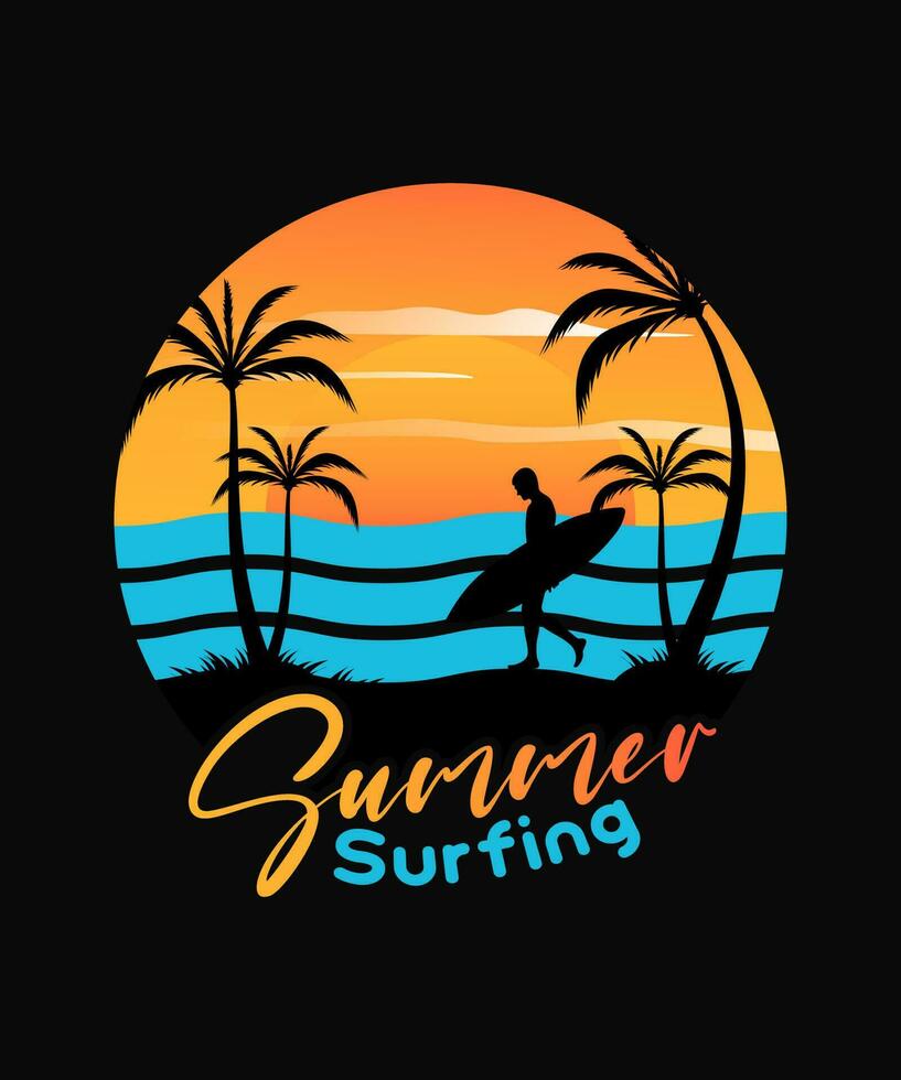 verão surfar camiseta Projeto silhueta do uma surfista e Palma árvores em uma Preto fundo vetor