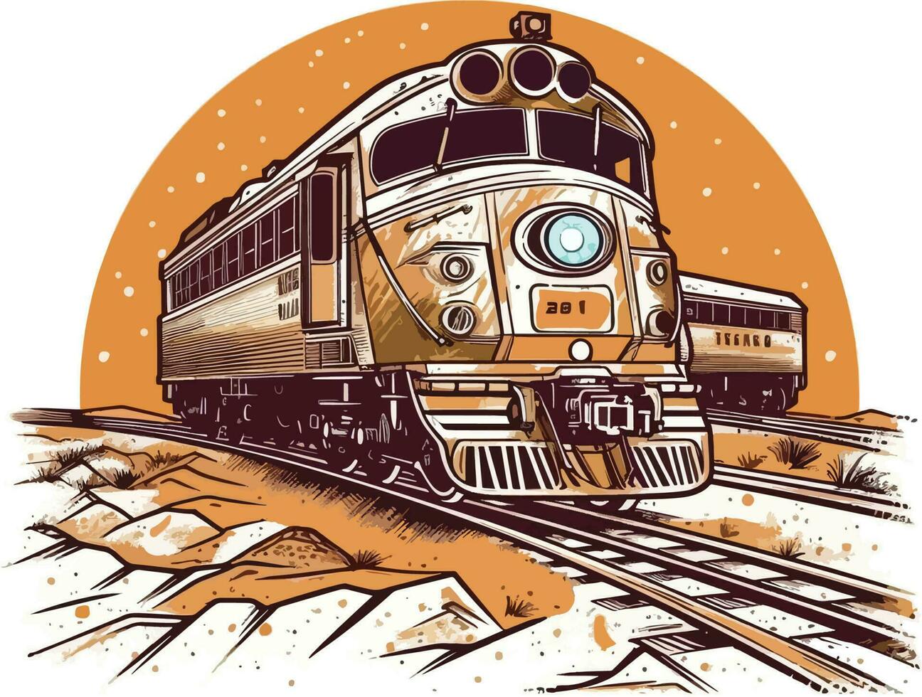 trem dentro frente do uma deserto mão desenhado ilustração, trem mão desenhado ilustração projeto, camiseta Projeto ilustração vetor