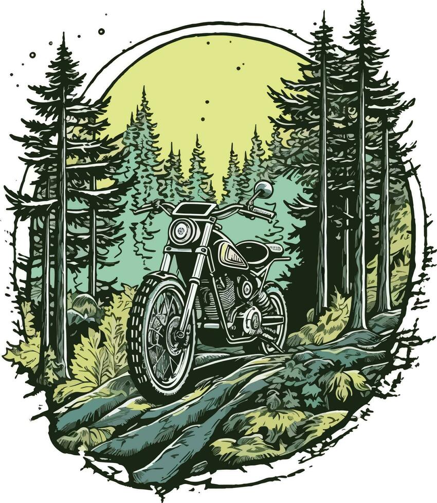 motocicleta dentro frente do uma floresta mão desenhado ilustração, motocicleta mão desenhado ilustração projeto, camiseta Projeto ilustração vetor