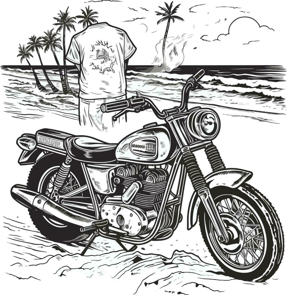 motocicleta dentro frente do uma de praia mão desenhado ilustração, motocicleta mão desenhado ilustração projeto, camiseta Projeto ilustração vetor