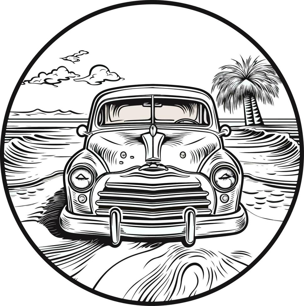 carro dentro frente do uma de praia mão desenhado ilustração, carro mão desenhado ilustração projeto, carro mão desenhado ilustração para camiseta Projeto vetor