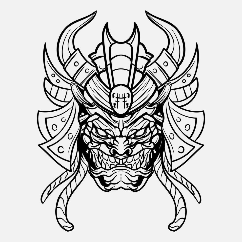 oni monstro mascarar japonês capacete exército samurai dentro quadro, Armação gravação enfeite ilustração Preto e branco tatuagem e camiseta vestuário vetor