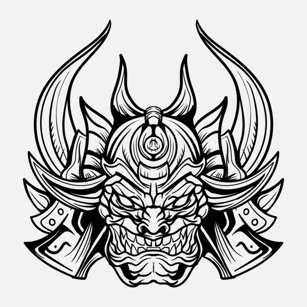 oni monstro mascarar japonês capacete exército samurai dentro quadro, Armação gravação enfeite ilustração Preto e branco tatuagem e camiseta vestuário vetor