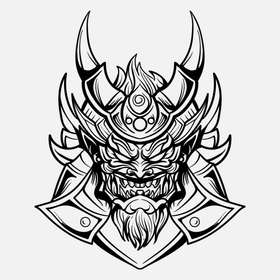 oni monstro mascarar japonês capacete exército samurai dentro quadro, Armação gravação enfeite ilustração Preto e branco tatuagem e camiseta vestuário vetor