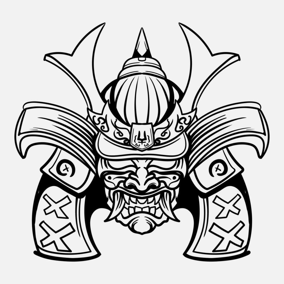 oni monstro mascarar japonês capacete exército samurai dentro quadro, Armação gravação enfeite ilustração Preto e branco tatuagem e camiseta vestuário vetor