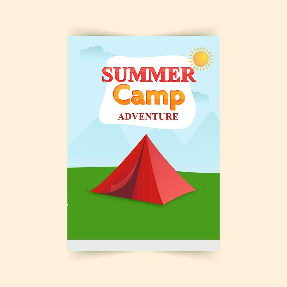 aventura verão acampamento folheto Projeto com luz do sol, barraca em verde e azul panorama fundo. vetor
