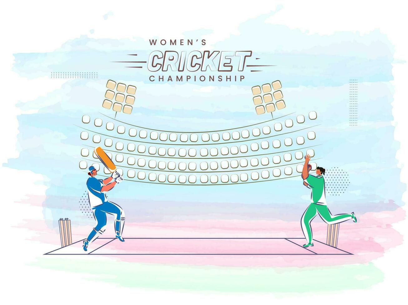 rabisco estilo ilustração do fêmea jogador jogando bola para massa jogador em aguarela efeito estádio fundo para mulheres Grilo campeonato. vetor