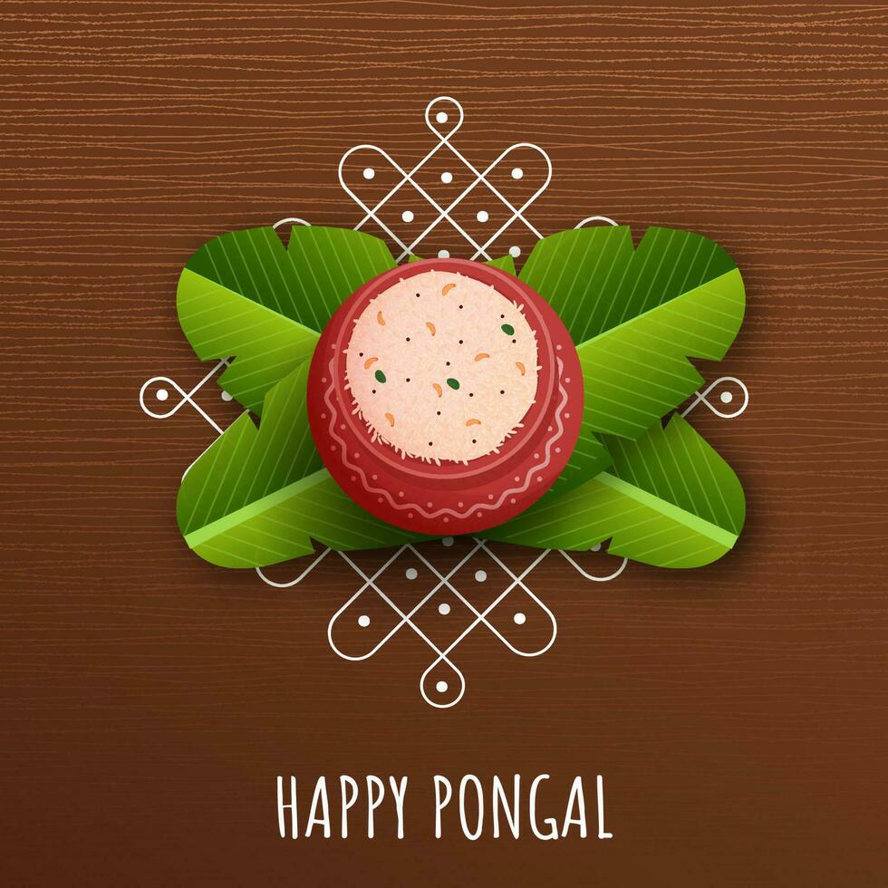 feliz pongal celebração conceito com topo Visão do Pongali arroz dentro argila Panela, banana folhas sobre rangoli Castanho fundo. vetor