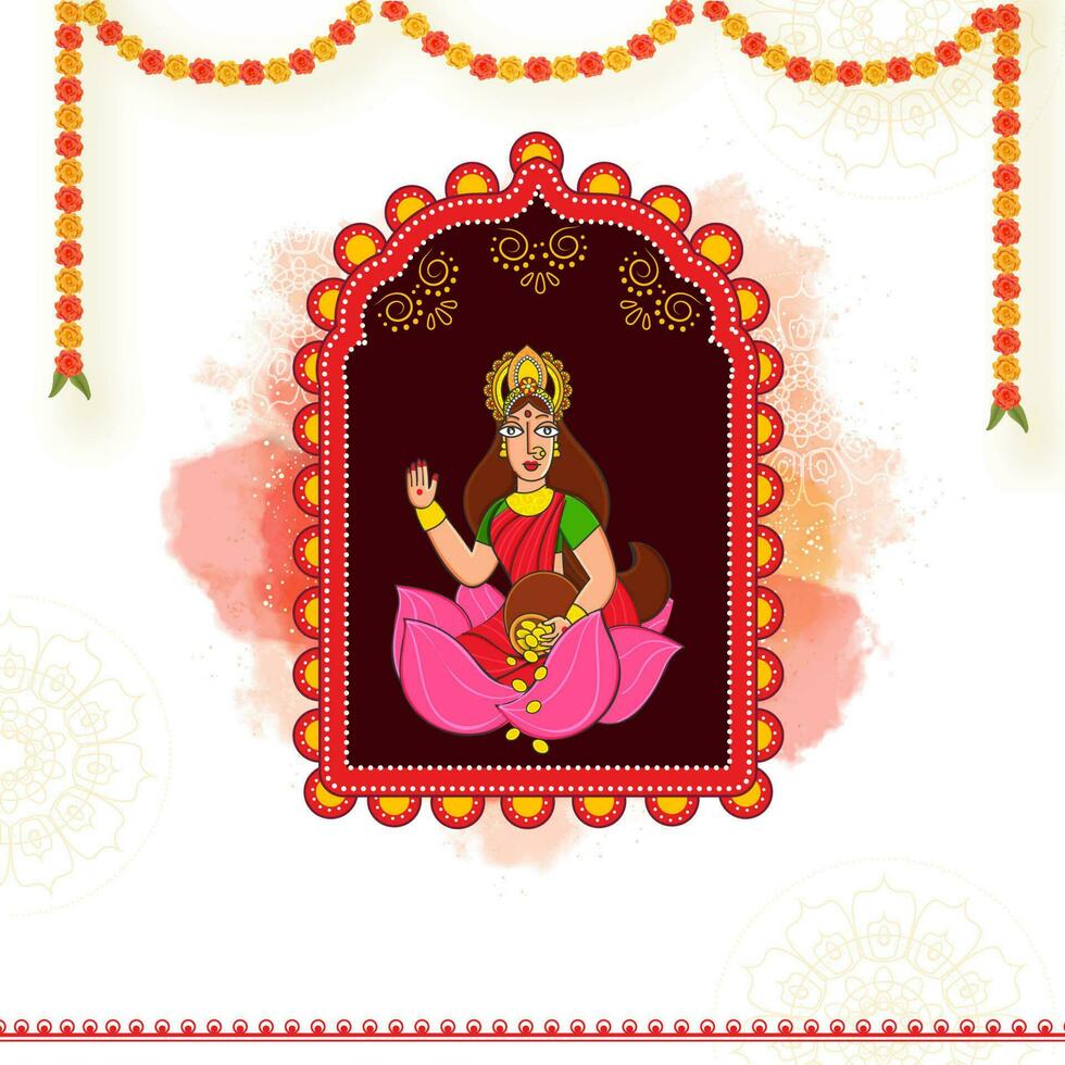 deusa Lakshmi dando bênção com floral festão em Castanho e branco fundo. vetor