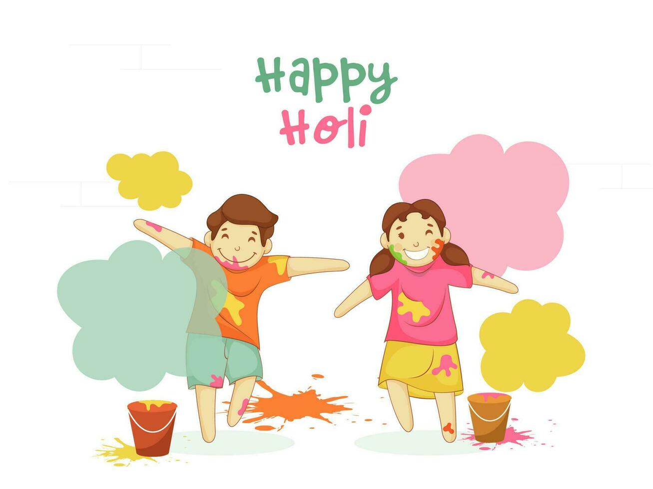 alegre indiano crianças desfrutando e comemoro festival do cores e baldes em branco fundo. vetor