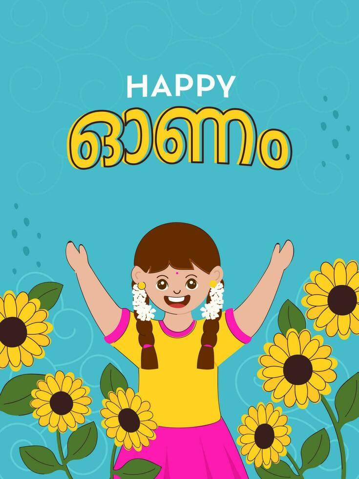 feliz onam celebração poster Projeto com alegre sul indiano menina levantando mãos acima e girassóis em azul fundo. vetor