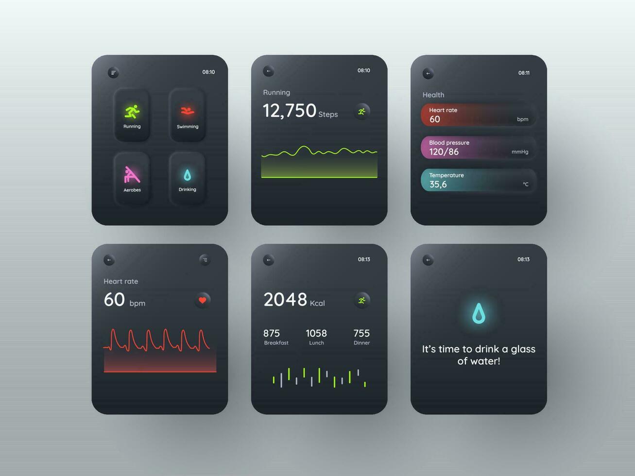 ginástica aplicativo interface do usuário, ux telas para inteligente relógios com múltiplo rastreamento opções. médico e tecnologia conceito. néon iluminação. vetor