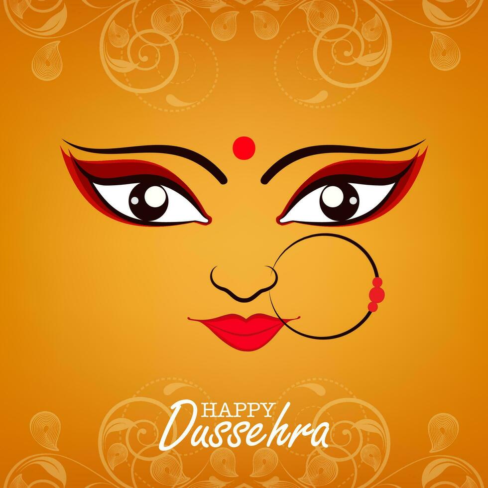feliz dussehra celebração conceito com hindu mitologia deusa durga face em laranja redemoinho paisley fundo. vetor