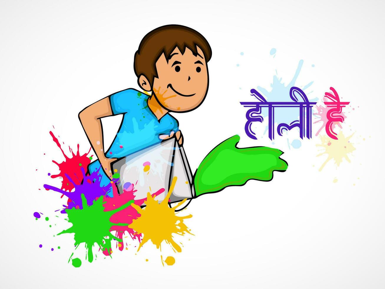 hindi letras do Está holi com desenho animado Garoto derramando cor a partir de balde e pintura respingo efeito em branco fundo. vetor