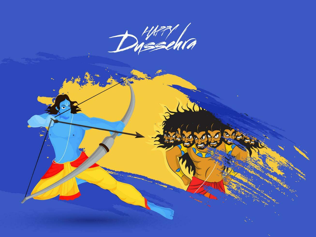 feliz dussehra celebração conceito com senhor rama alvejando para demônio Ravana e amarelo escova acidente vascular encefálico efeito em azul fundo. vetor