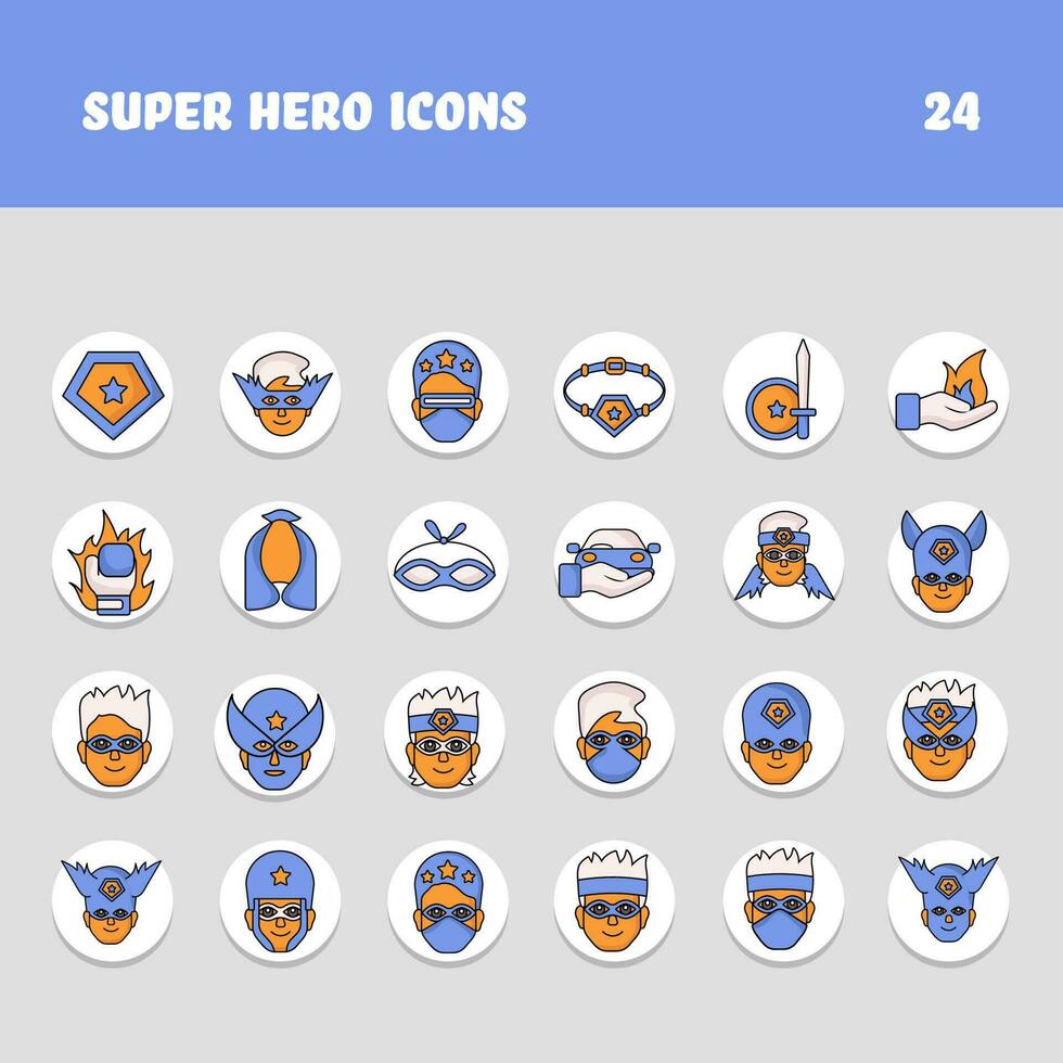 laranja e azul cor conjunto Super heroi ícone ou símbolo em círculo fundo. vetor