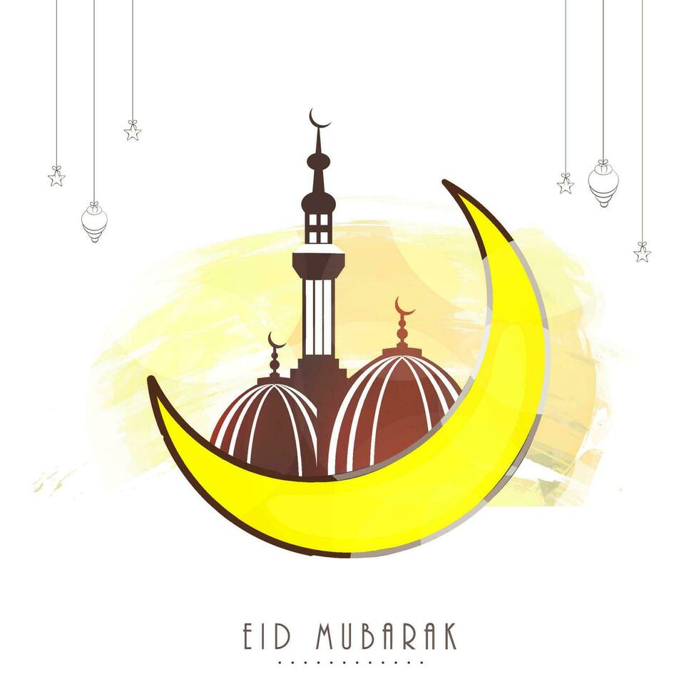 eid Mubarak conceito com crescente lua, mesquita, estrelas, lanternas aguentar e amarelo escova efeito em branco fundo. vetor