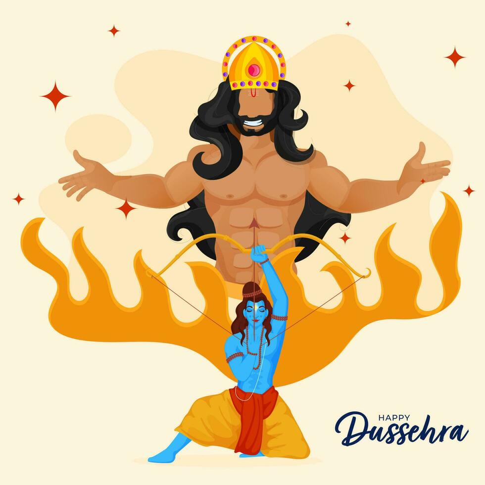 feliz dussehra celebração conceito com hindu mitológico senhor rama matando demônio Ravana contra fundo. vetor