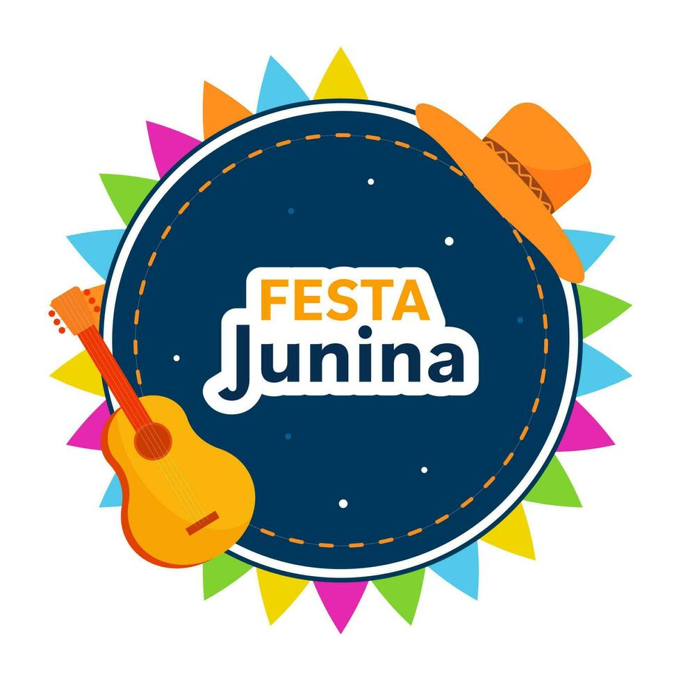 adesivo estilo festa junina Fonte sobre circular quadro, Armação com chapéu, guitarra em branco fundo. vetor