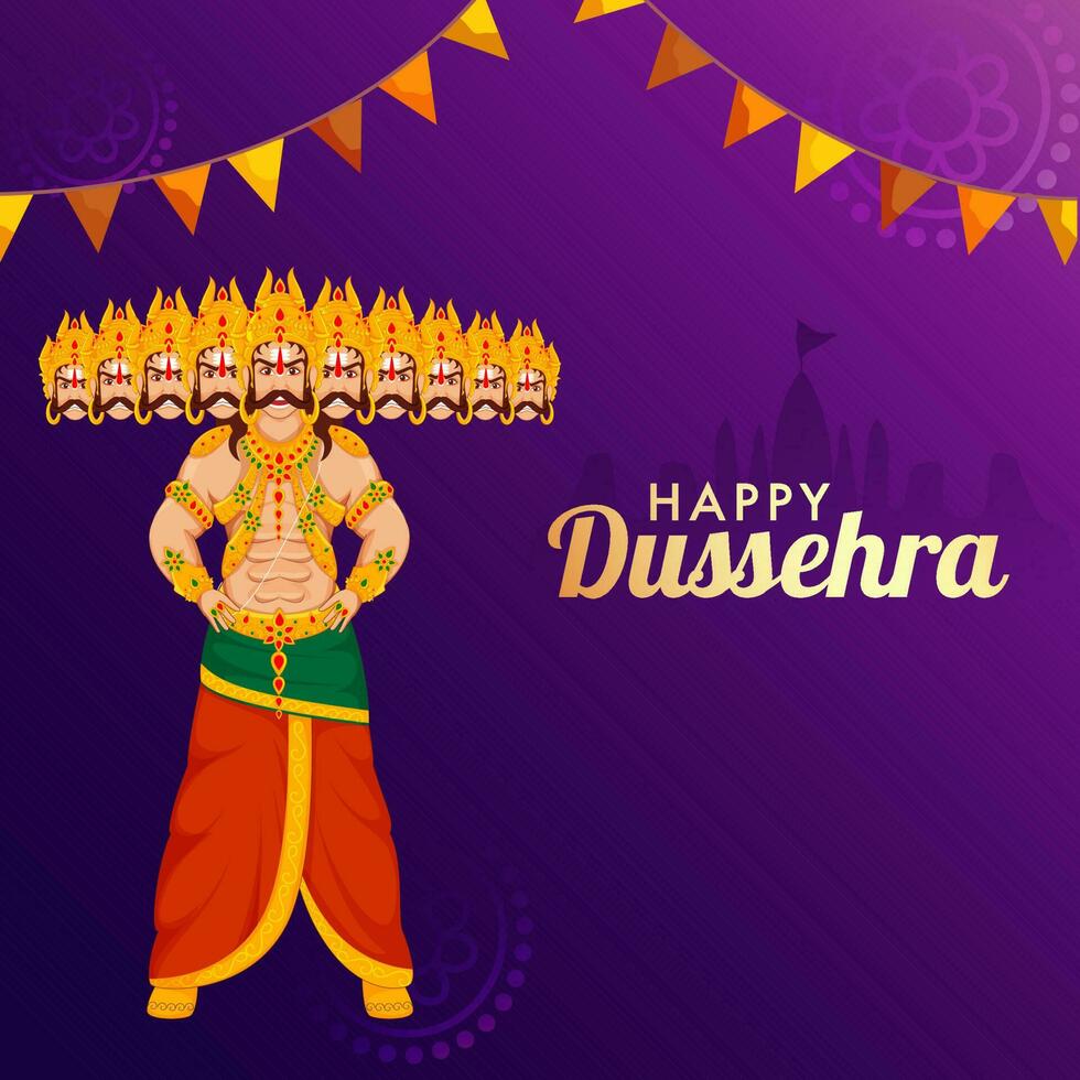 feliz dussehra celebração conceito com hindu mitologia demônio Ravana em pé e estamenha bandeiras em roxa silhueta Ayodhya fundo. vetor