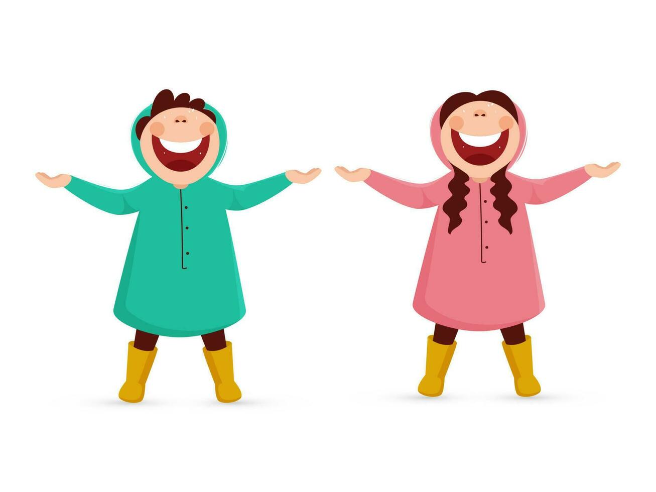 alegre pequeno Garoto e menina vestindo capa de chuva dentro em pé pose contra branco fundo. vetor