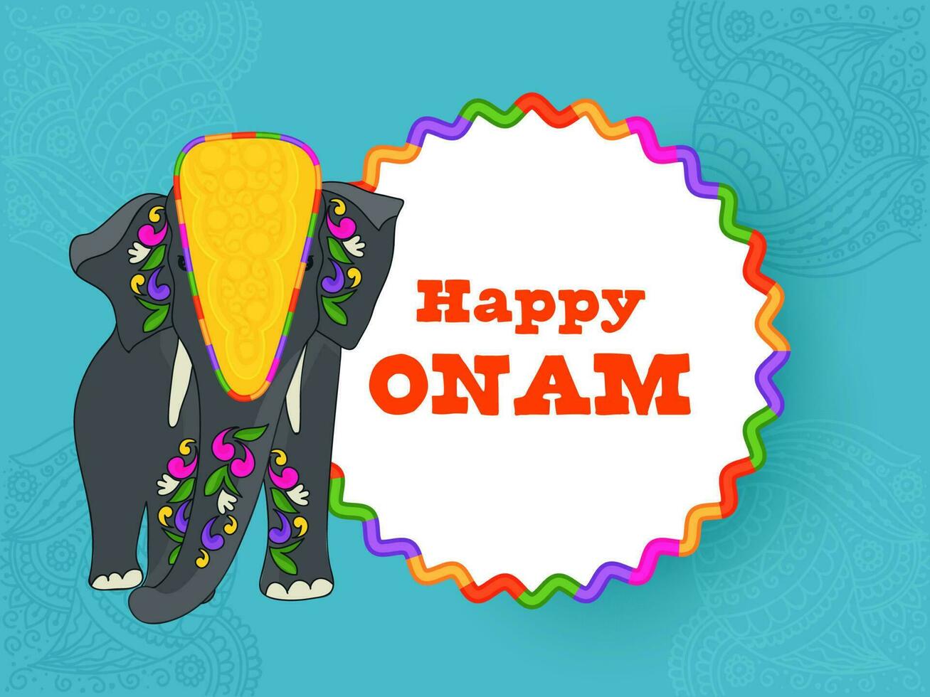 feliz onam Fonte sobre branco circular quadro, Armação com elefante animal em azul paisley padronizar fundo. vetor