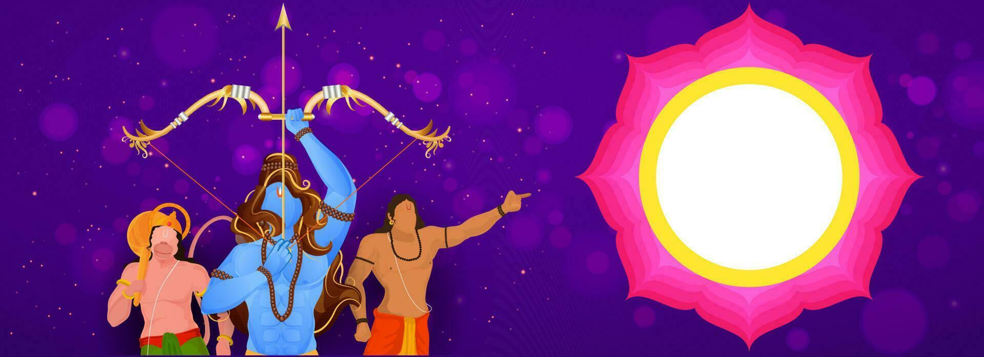 hindu mitologia senhor rama levando a alvo com hanuman, lakshman personagem e esvaziar mandala quadro, Armação em roxa bokeh fundo. vetor