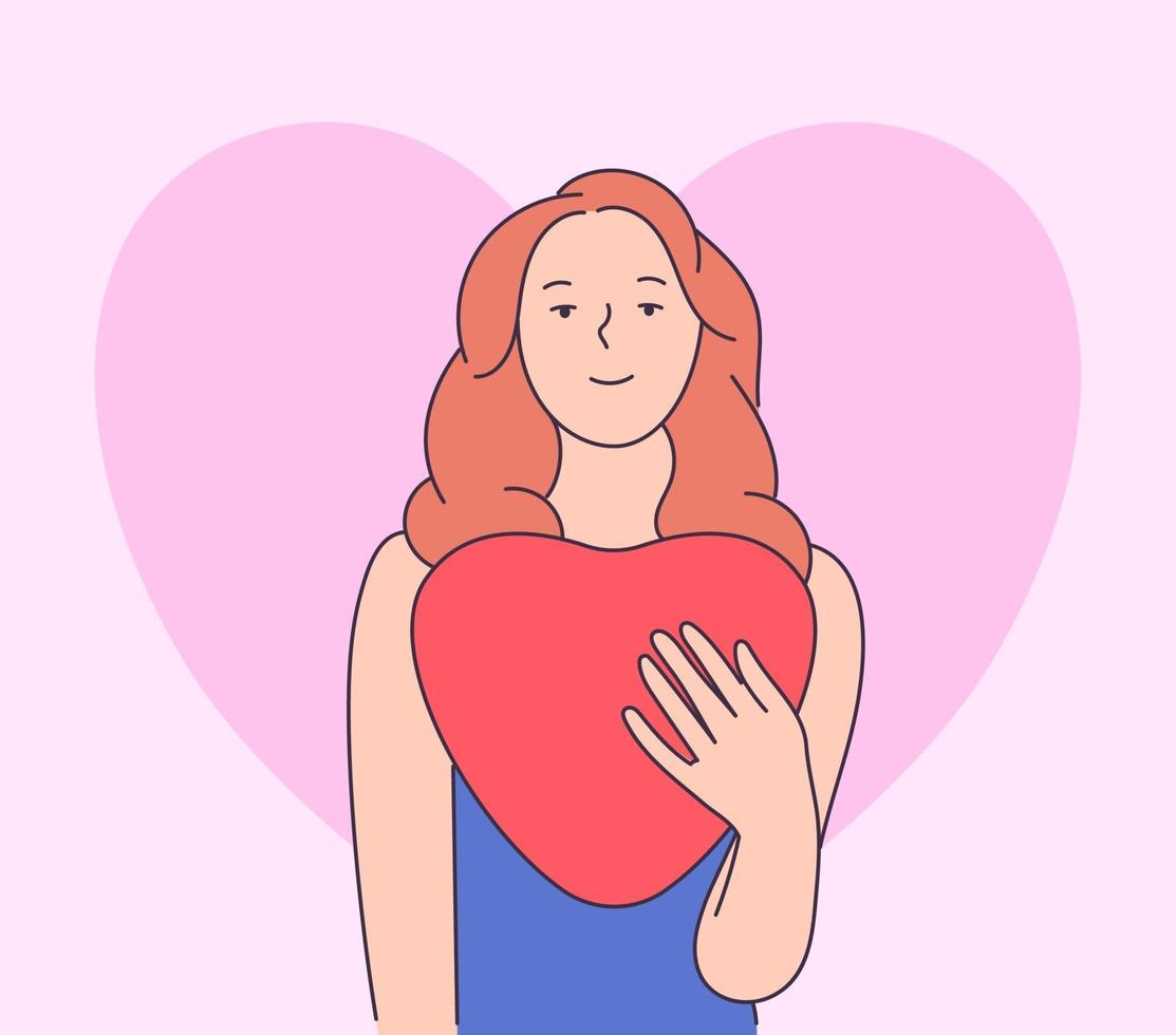 amor, conceito de dia dos namorados. feliz e elegante menina olhando para longe enquanto segura um balão em forma de coração ilustração de estilo de linha moderna vetor