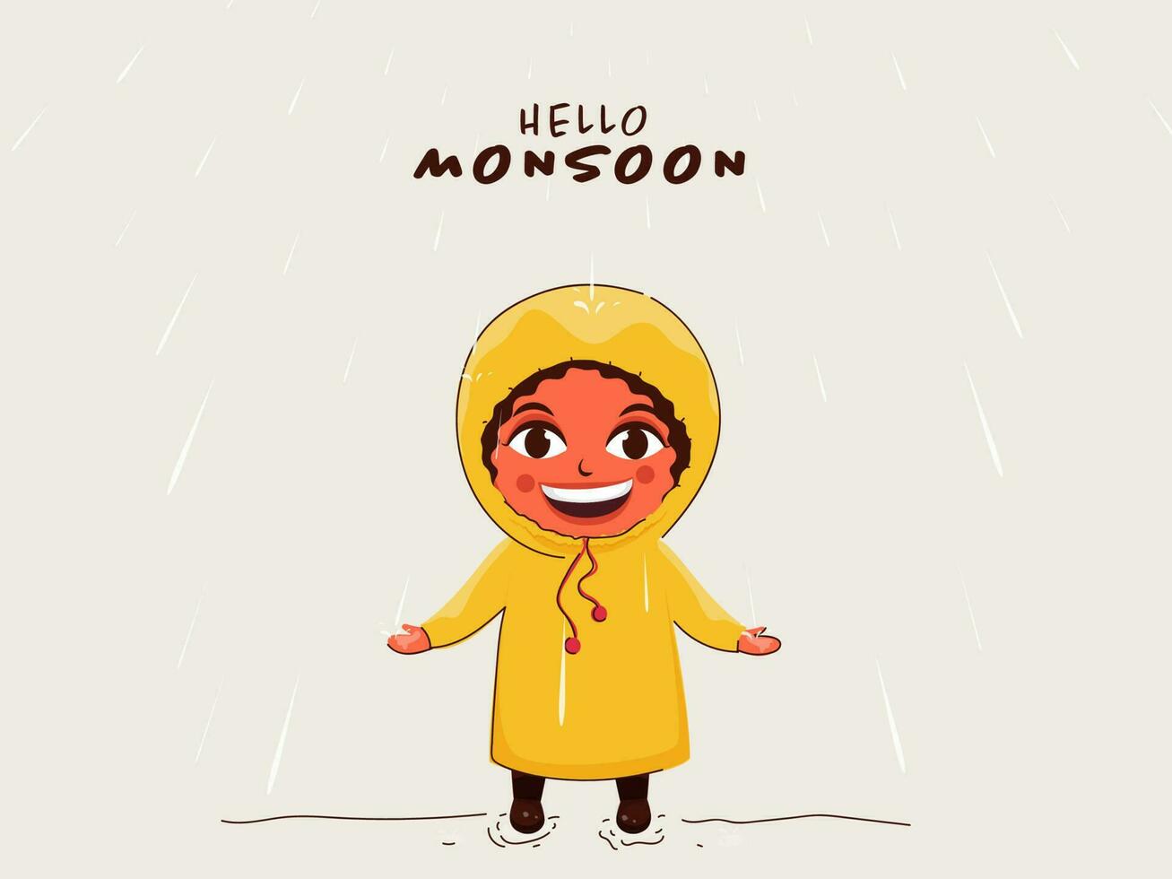 Olá monção poster Projeto com alegre pequeno Garoto vestindo capa de chuva em cinzento chuva fundo. vetor