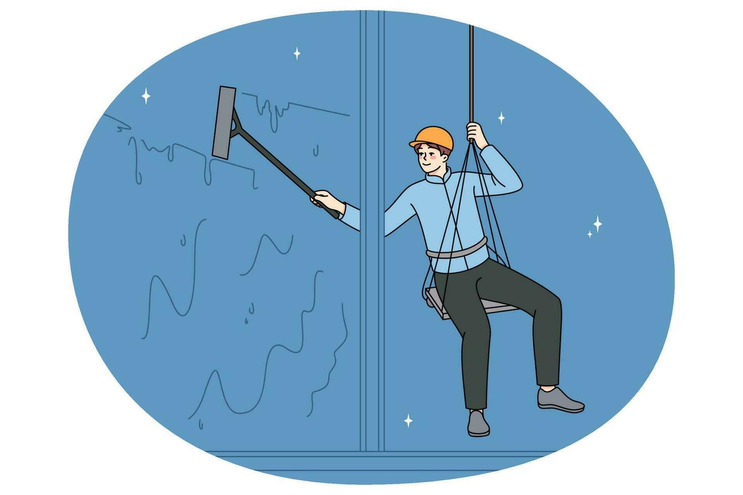 masculino trabalhador em segurança cordas limpar \ limpo janelas vetor