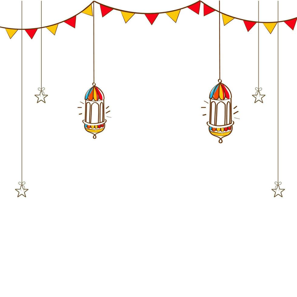 islâmico festival cumprimento cartão com rabisco estilo árabe lanternas, estrelas pendurar, estamenha bandeiras decorado em branco fundo e cópia de espaço. vetor