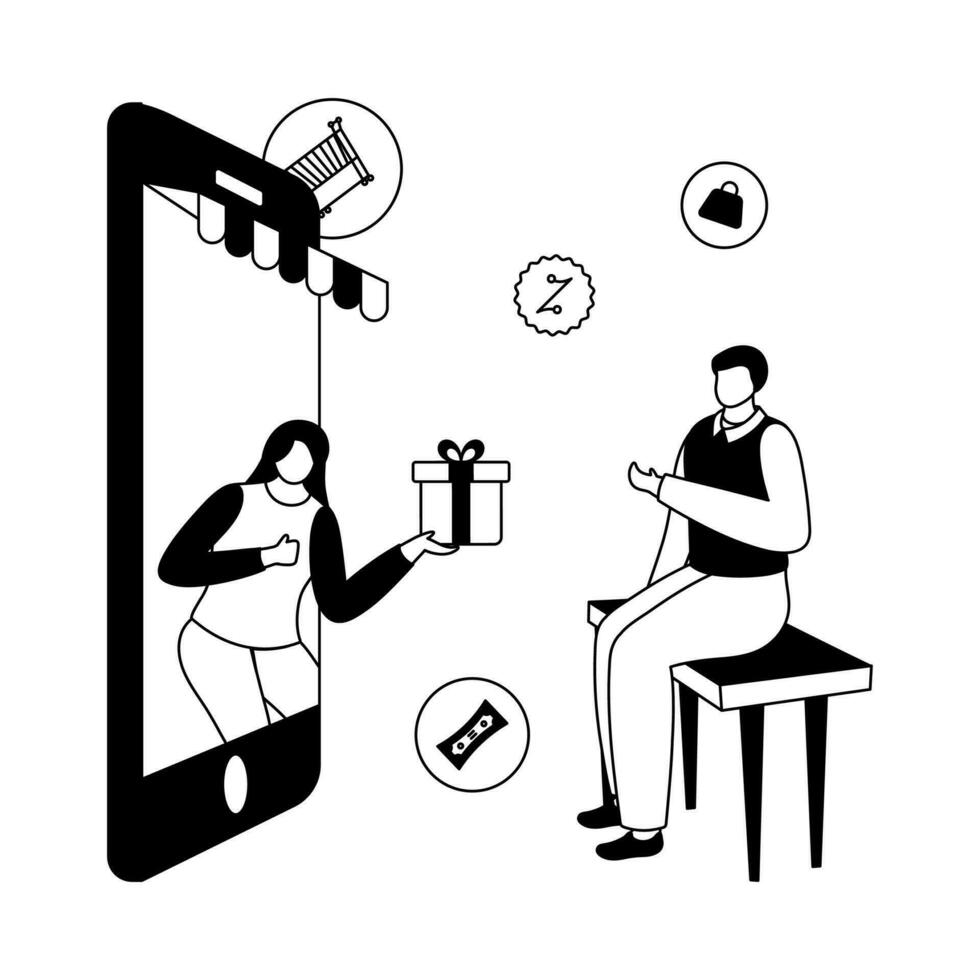 rabisco estilo e-shop conceito com mulher dando presente caixa para homem através Smartphone em branco fundo. vetor