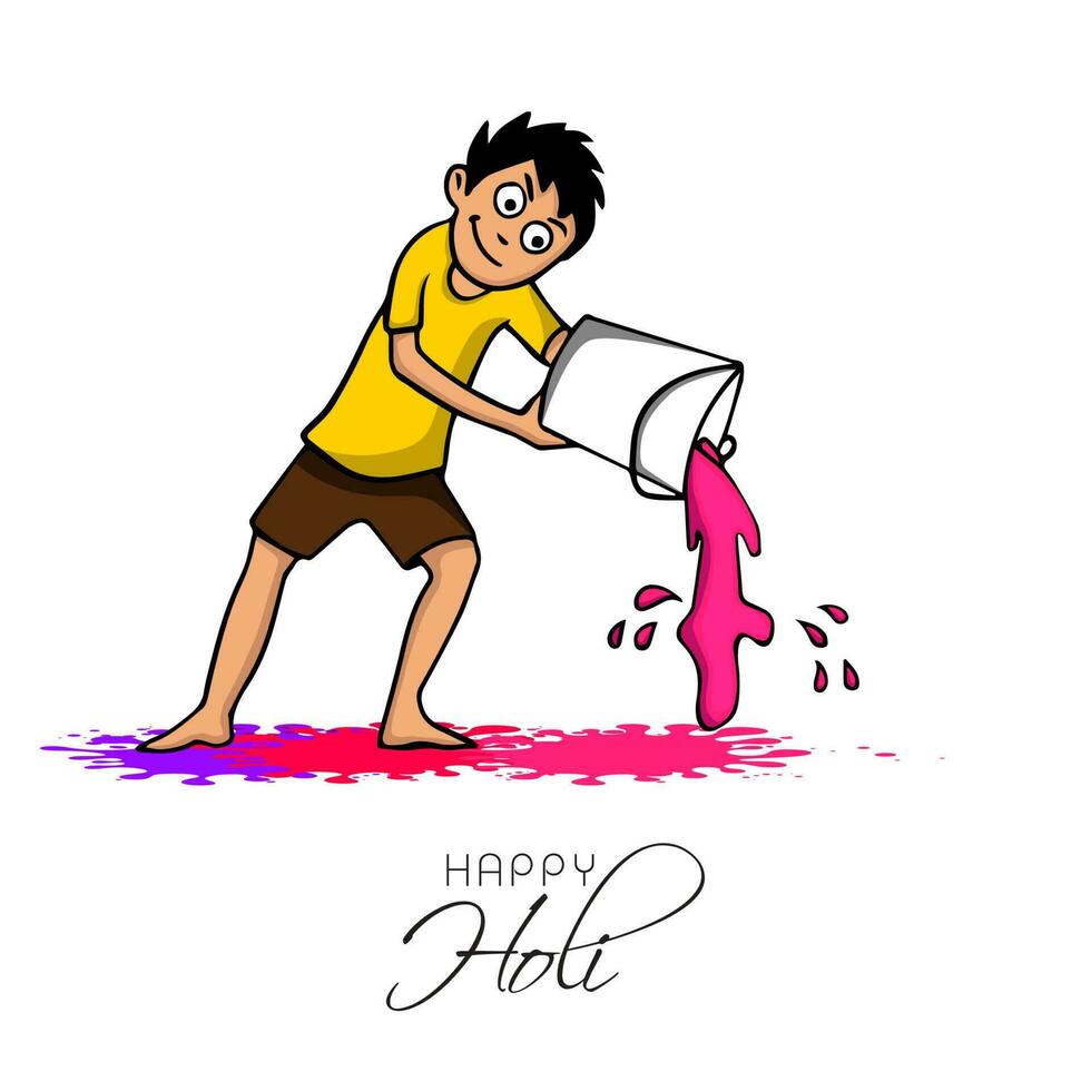 desenho animado Garoto derramando líquido cor a partir de balde em branco fundo para holi celebração conceito. vetor