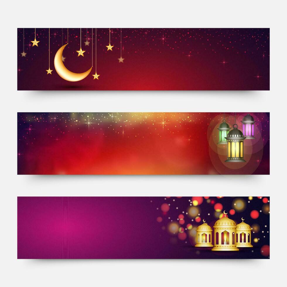 brilhando cabeçalho ou bandeira conjunto com dourado crescente lua, estrelas, lanternas e cópia de espaço para piedosos mês do muçulmano comunidade festival conceito. vetor
