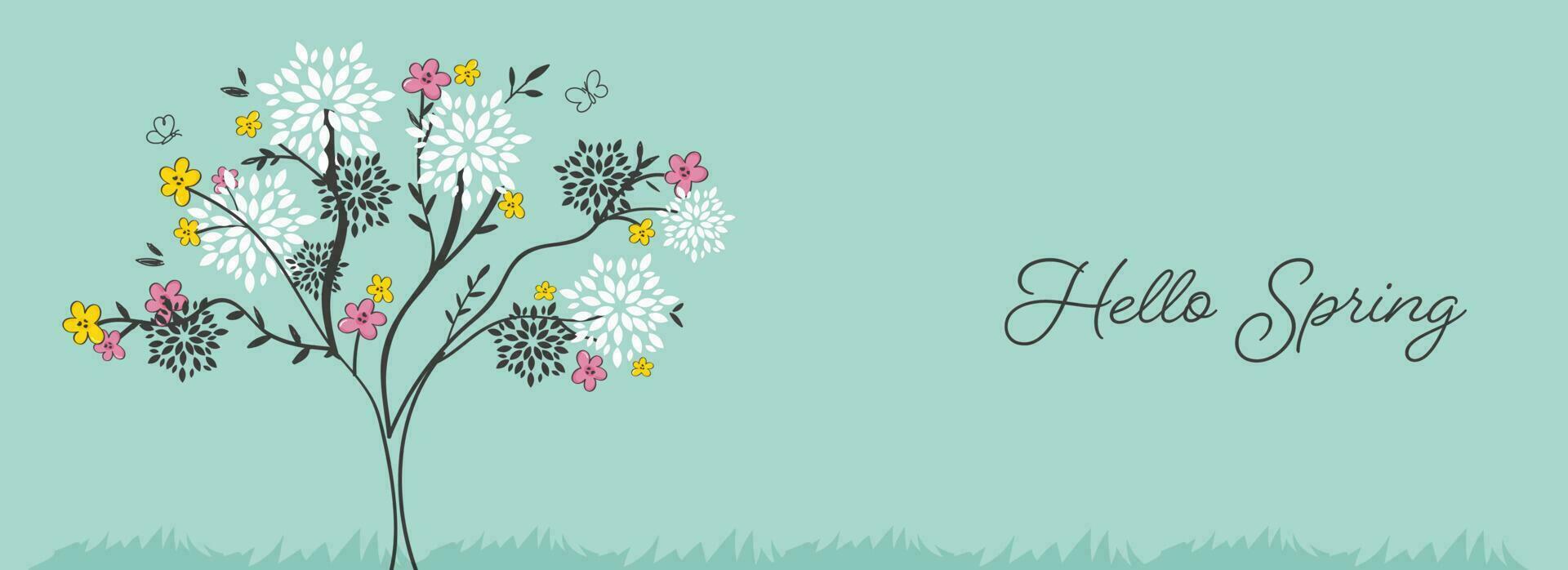 Olá Primavera Fonte com criativo floral árvore e borboletas em azul fundo. vetor