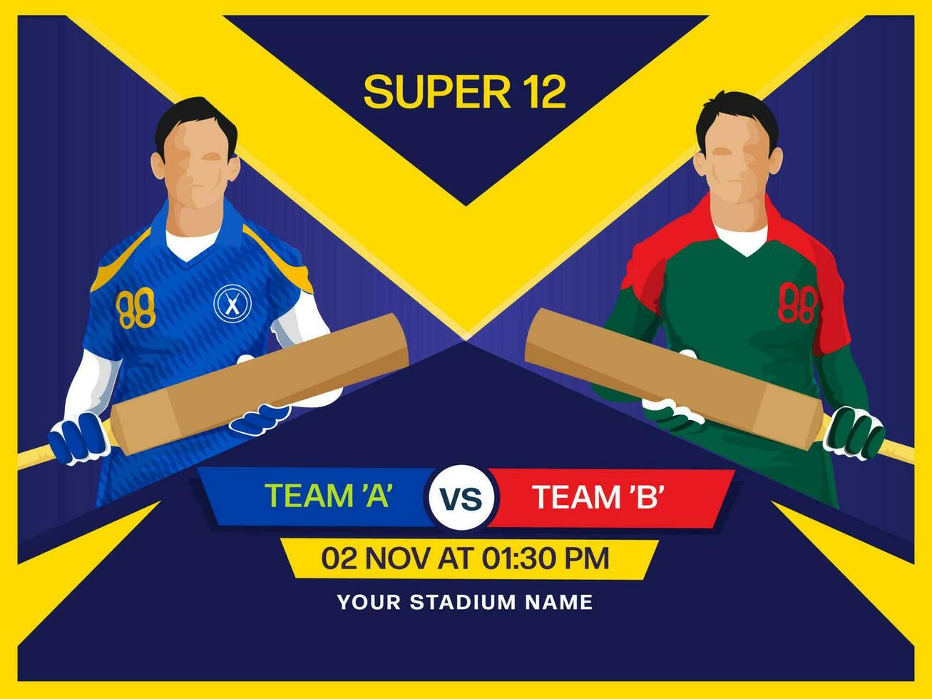 super 12 Grilo Combine entre equipe uma vs b Índia vs Bangladesh do massa jogadoras em amarelo e azul fundo. vetor