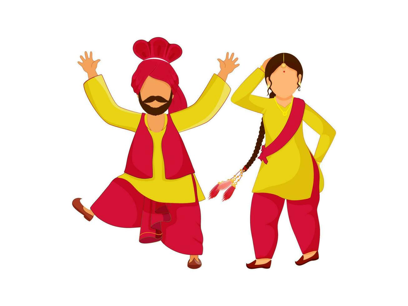 desenho animado punjabi casal fazendo bhangra dança dentro vermelho e amarelo cor traje. vetor