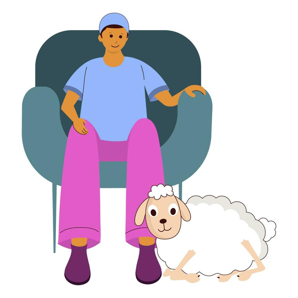 islâmico jovem homem sentado às sofá e desenho animado ovelha em branco fundo. vetor