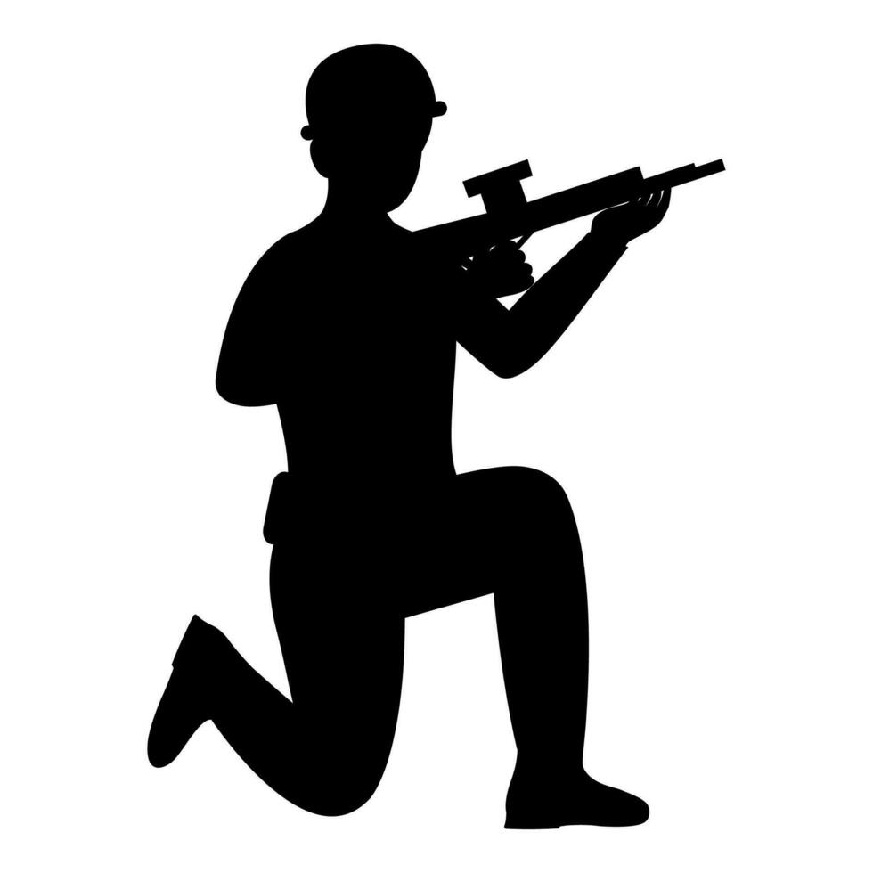 silhueta soldado segurando rifle em branco fundo. vetor