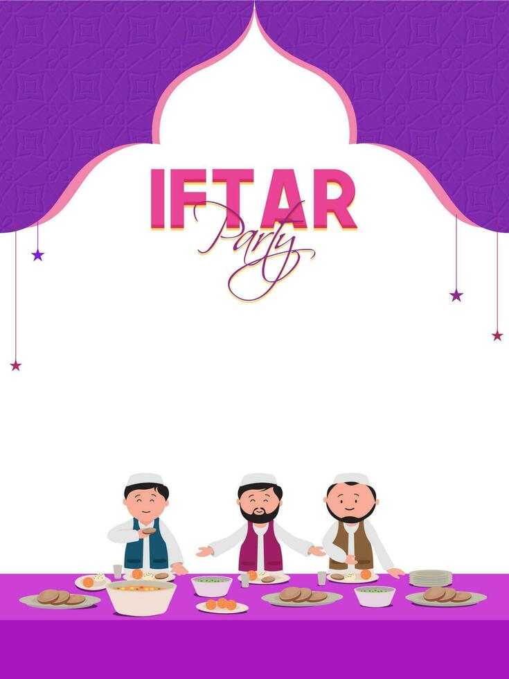 iftar festa folheto Projeto com islâmico homens sentado dentro frente do delicioso alimentos dentro roxa e branco cor. vetor