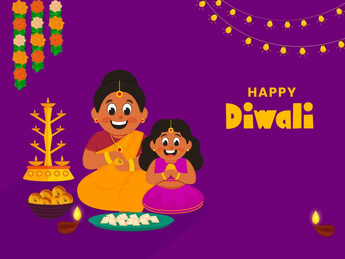 alegre indiano mulher com dela filha comendo doces, aceso óleo luminária ficar em pé, Toran e iluminação festão em roxa fundo para diwali festival. vetor