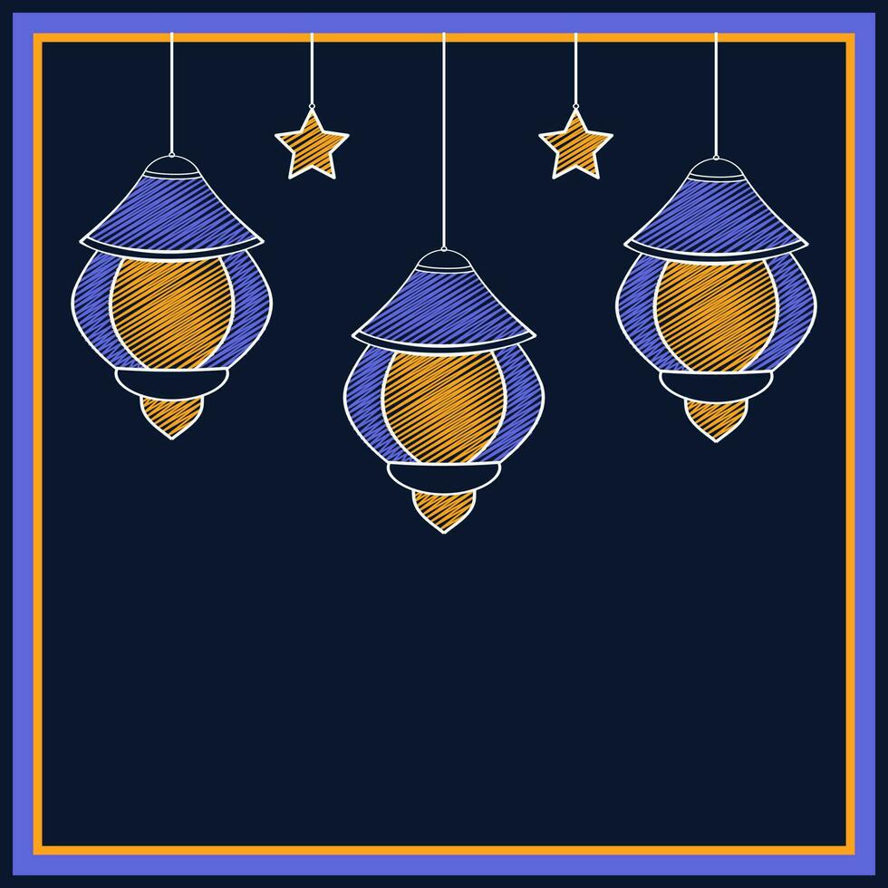 árabe listras lanternas com estrelas aguentar em azul fundo e cópia de espaço. vetor