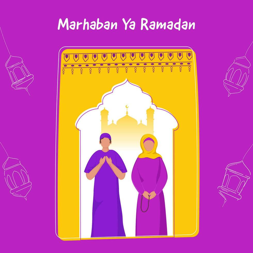 marhaban sim Ramadã letras com sem rosto muçulmano casal oferta namaz oração dentro em pé pose em colorida fundo. vetor