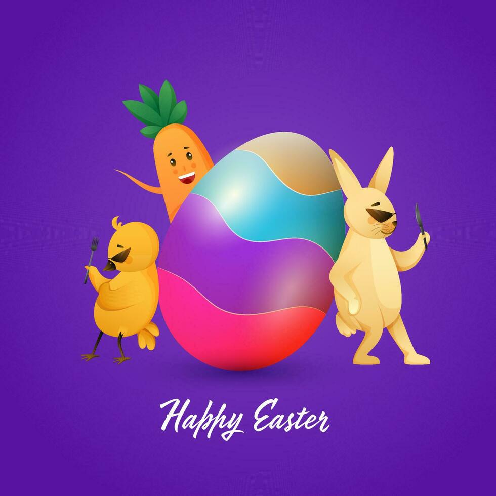 colorida lustroso ovo com desenho animado coelho, pintinho segurando garfo e cenoura personagem em roxa fundo para feliz Páscoa conceito. vetor