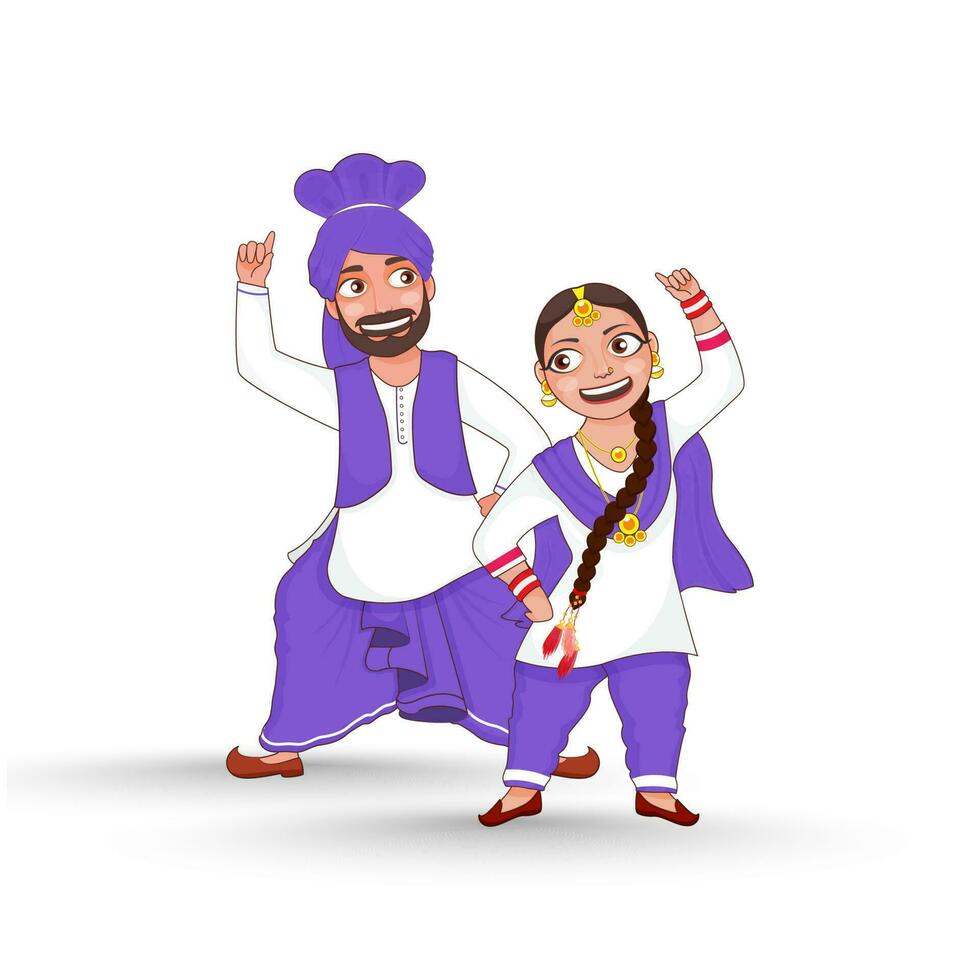 alegre punjabi casal realizando bhangra dança dentro tradicional traje. vetor