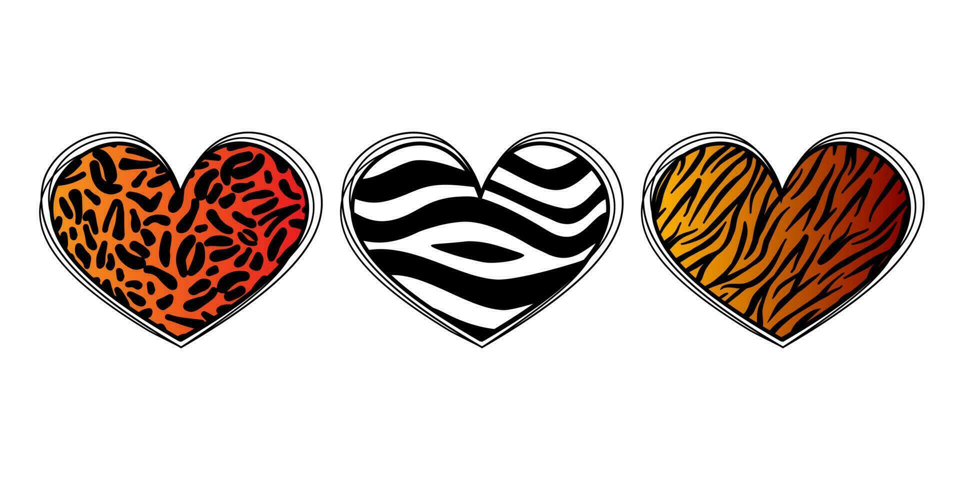 animal pele estampado coração definir. selvagem zebra, tigre e leopardo pele imprimir. amor conceito placa. vetor