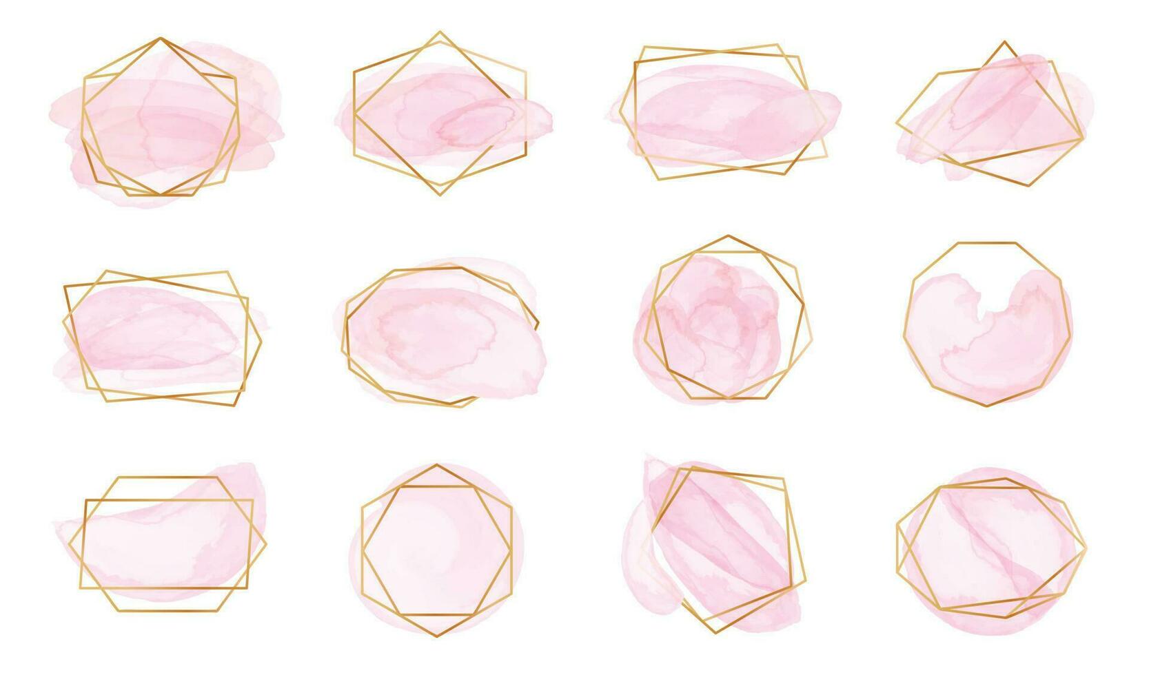 Rosa aguarela escova golpes com geométrico ouro quadros. pastel rosa etiquetas com abstrato poligonal formas, elegante moda logotipo vetor conjunto