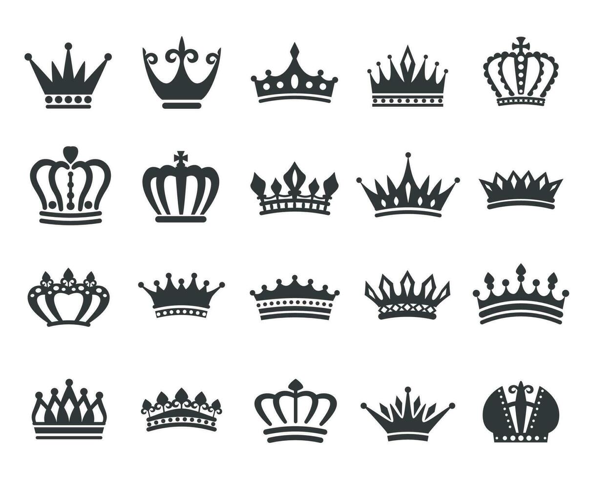 rei coroas ícone silhueta, rainha tiara, real coroa logotipo. poder dinastia realeza emblema, vintage heráldico Preto símbolos vetor conjunto