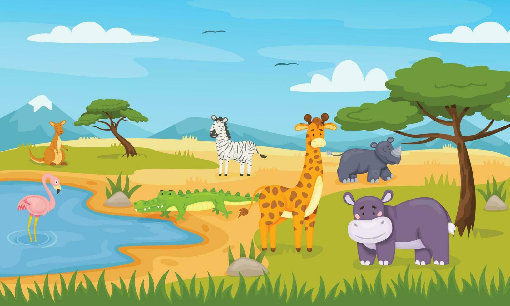 desenho animado selvagem animais dentro savana, africano safári animais selvagens. fofa zebra, crocodilo, flamingo, girafa, savana panorama vetor ilustração